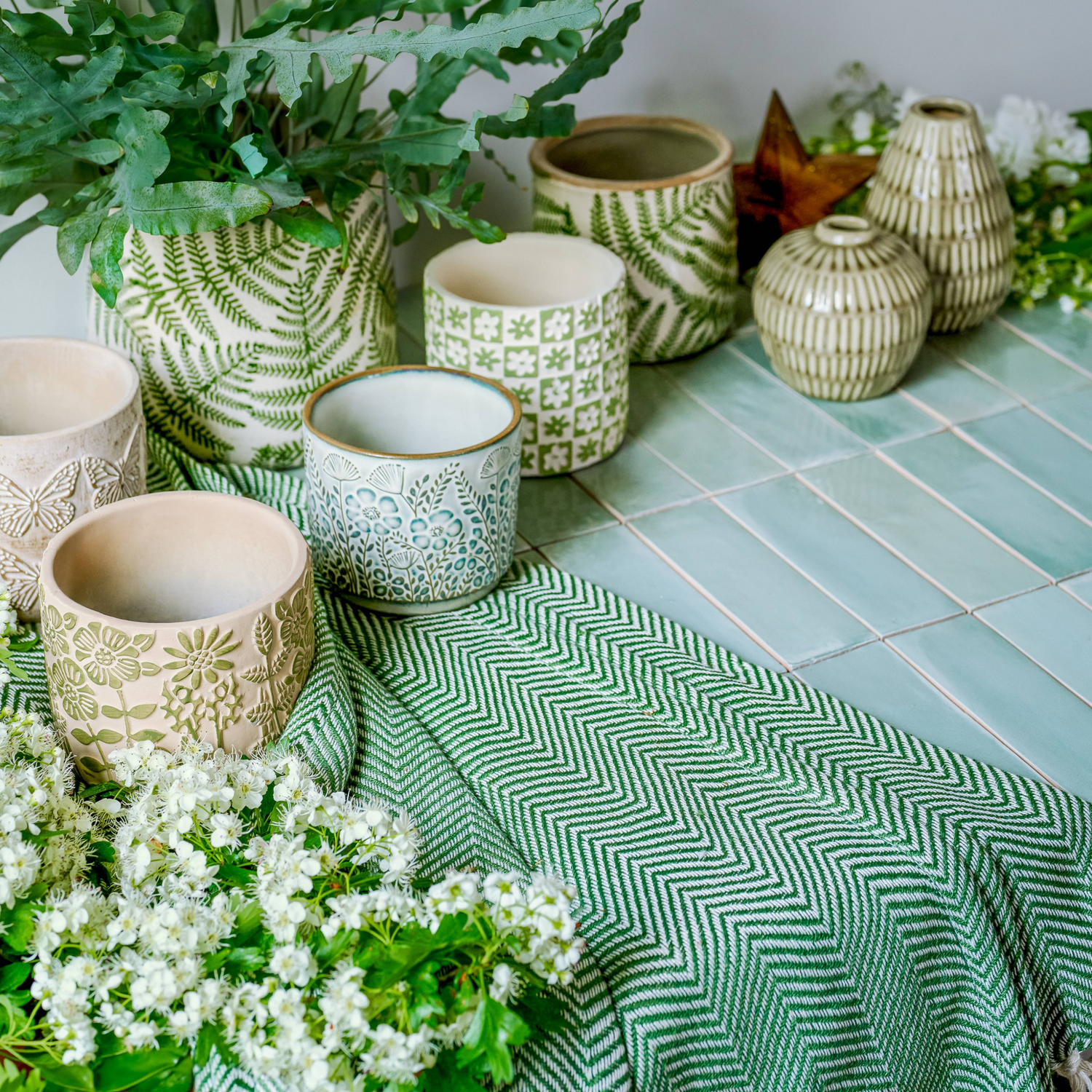Kitty & Rose home decor - a collection of home decor items, including pots & planters in green and white colours