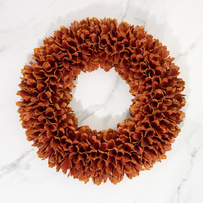 Decorative Autumn wreath on a white marble background

