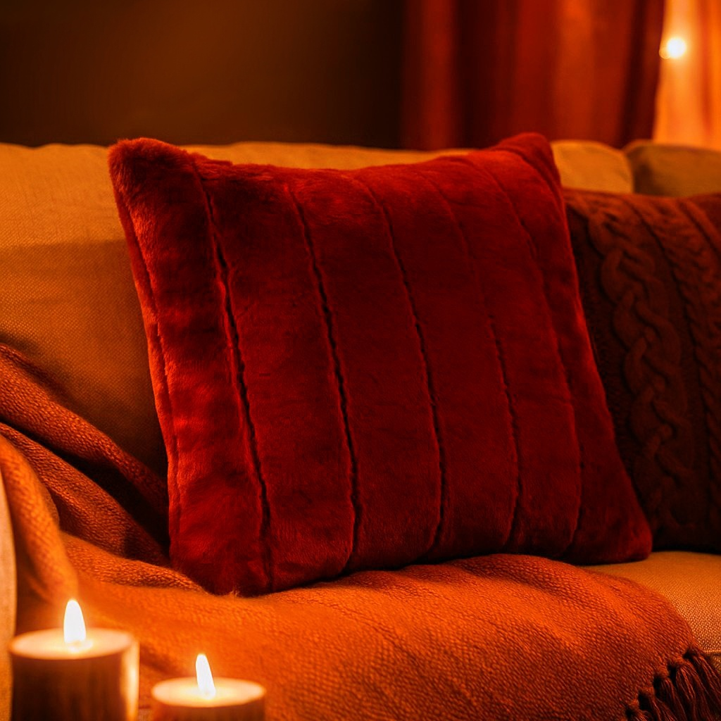 Red  autumn cushion on a couch with candles and warm lighting
