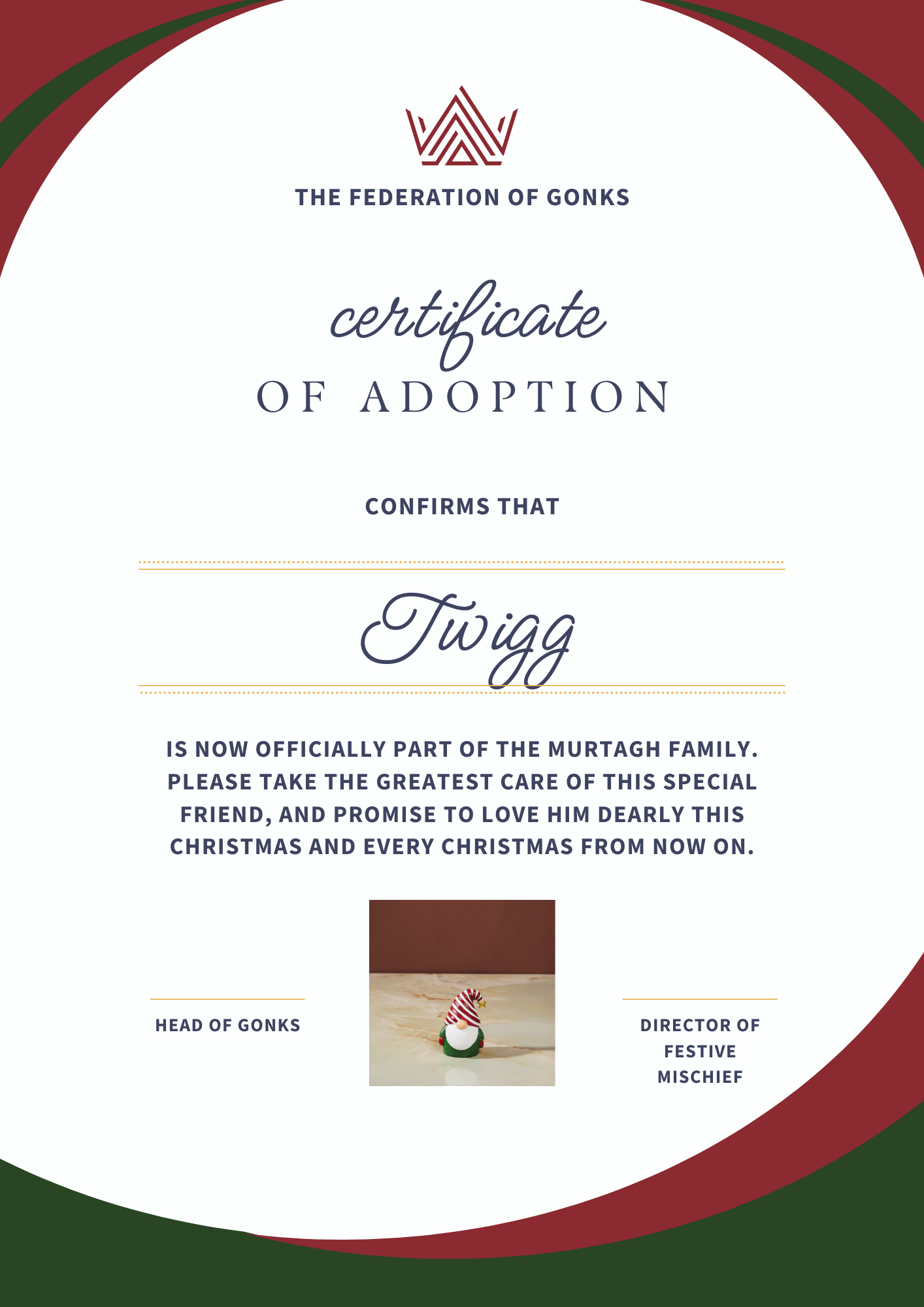 Adoption certificate for Twigg the Christmas gonk - Kitty & Rose