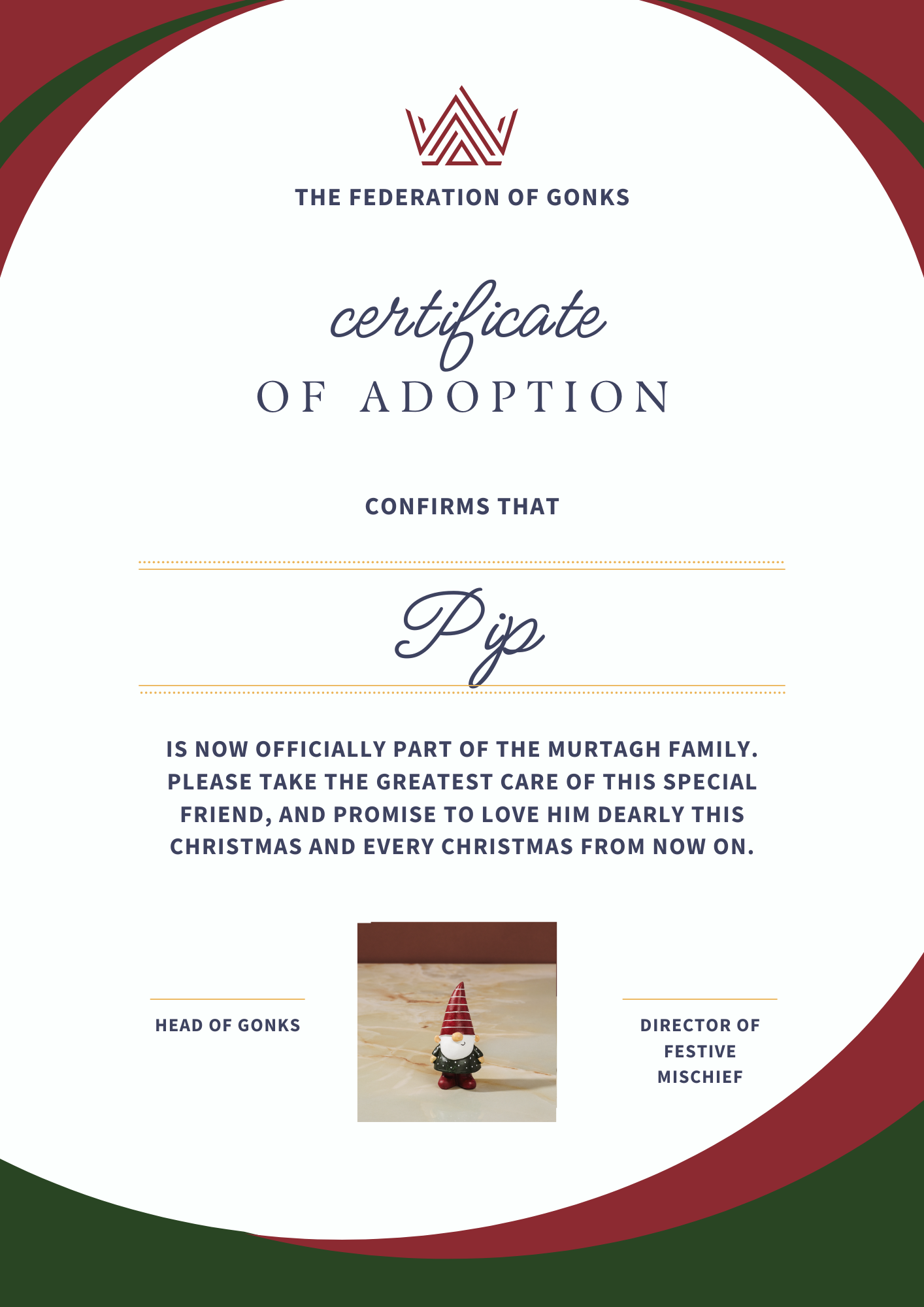 Adoption certificate for Christmas gonk - 'Pip' - Kitty & Rose 