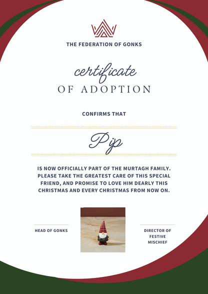Adoption certificate for Christmas gonk - 'Pip' - Kitty & Rose 
